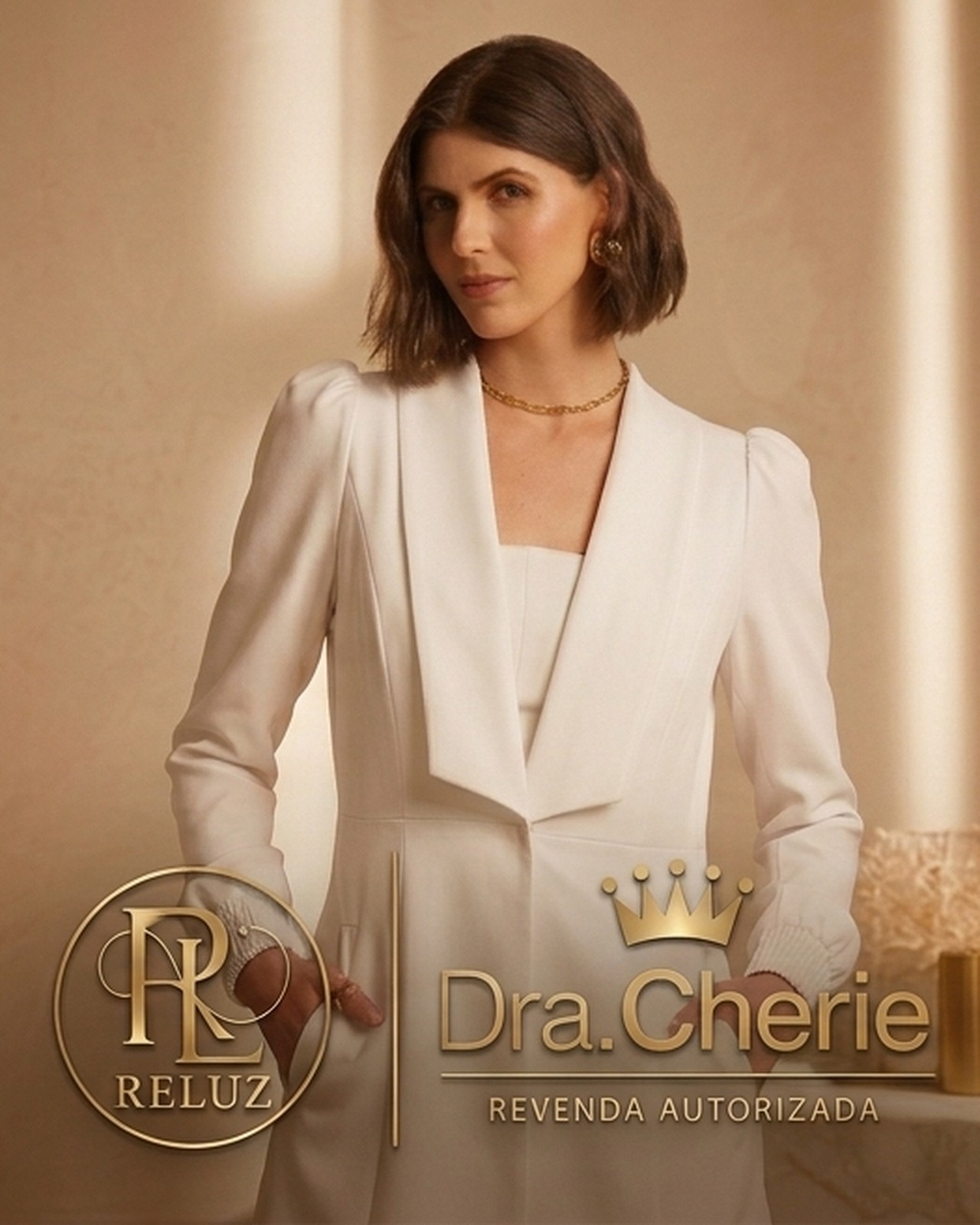 Modelo vestindo jaleco premium branco Dra. Cherie — Reluz Jalecos, revenda autorizada